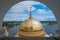 Monastery Nilov.View of dome of cathedral and lake Seliger. Russ