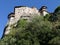 Monastery perched high up on the rocks in Meteora, Greece seen from above