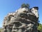Monastery perched high up on the rocks in Meteora, Greece seen from above