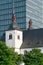 Monastery St. Heribert in front of a modern office building, Cologne, Germany