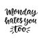 Monday hates you too. Ironic funny hand written brush lettering quote