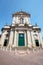 Mondovi, Saint Donato cathedral with columns and statues in a sunny day in Piedmont, Italy