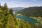Mondsee lake from Sankt Gilgen lookout with Alp mountain. Aerial view to Austrian landscape