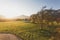 Mondsee with mountains at autumn sunset, colorful countryside