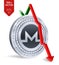 Monero. Fall. Red arrow down. Monero index rating go down on exchange market. Crypto currency. 3D isometric Physical Silver coin i