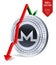 Monero. Fall. Red arrow down. Monero index rating go down on exchange market. Crypto currency. 3D isometric Physical Silver coin i