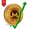 Monero. Growth. Green arrow up. Monero index rating go up on exchange market. Crypto currency. 3D isometric Physical Golden coin i