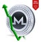 Monero. Growth. Green arrow up. Monero index rating go up on exchange market. Crypto currency. 3D isometric Physical Silver coin i