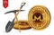 Monero mining concept. 3D isometric Physical bit coin with pickaxe and shovel. Digital currency. Cryptocurrency. Golden Monero