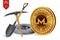 Monero mining concept. 3D isometric Physical bit coin with pickaxe and shovel. Digital currency. Cryptocurrency. Golden and silver