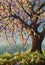 Monet painting blooming sakura cherry tree in meadow of flowers artwork on background