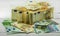 monetary currency on wooden background, Euro banknotes