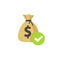 Money with approved checkmark vector icon, flat money bag with tick, concept or confirmed transaction or cash transfer