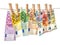 Money background. Euro banknotes hanging clothes pins