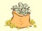 Money bag with bunches of dollars and coins stacks beside, cartoon style, isolated illustration