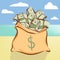 Money bag with bunches of dollars on island beach illustr
