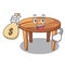 With money bag character wooden table in the restaurant