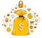 Money bag and icon set vector design, savings or investments concept, online payments.