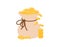 Money bag isolated. Gold coins falling from overflowing bag with rope. Vector flat illustration. Symbol of wealth and success