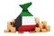 Money bag with Kuwaiti flag and golden coins around, 3D rendering