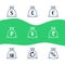 Money bag line icon set, currency exchange, pound and euro sign, ruble and rupee symbol, yen and sack