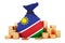 Money bag with Namibian flag and golden coins around, 3D rendering