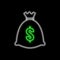 Money bag neon sign. Bright glowing symbol on a black background