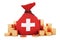 Money bag with Swiss flag and golden coins around, 3D rendering