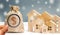 Money bag and a wooden houses with snow. Conceptual image real estate market in the winter season. Christmas sale / discounts