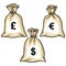 Money bags with dollars, euro and pound. Vector