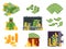 Money banknote. Cash bag, banknotes wallet and dollars heap in safe. Lots dollar piles and gold coins isometric vector