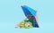 Money banknote with umbrella, coins stacks isolated on blue background. protecting saving money, business finance, banking,