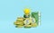 Money banknote with yellow light bulb, coins stacks isolated on blue background. idea tip saving money, business finance, banking
