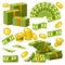 Money banknotes and golden coins bank dollars and cents piles and heaps vector icons