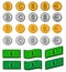 Money bills dollar cash paper notes, gold coins, silver coins and cryptocurrency vector set. Money cash, illustration