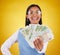 Money bills, studio portrait and woman smile for lottery win, competition giveaway or cash award. Finance bonus, payment