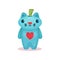 Money box in shape of cat with hole in head and heart on belly. Blue ceramic kitten with cute muzzle. Flat vector icon