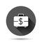 Money briefcase icon in flat style. Cash box vector illustration on black round background with long shadow effect. Finance circle