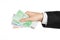 Money and business topic: hand in a black suit holding banknotes 10,20 and 100 euro on white isolated background in studio