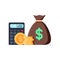 Money and calculator flat illustration. Banking bills and budget balance business illustration. Financial economy