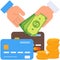 Money cash in hand, coin stack and credit bank card vector