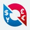 Money change arrow icon in blue and red. Isolated