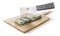 Money is chopped. Big knife cutting money stack on a wooden board. 3d