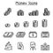 Money, Currency, Cash, Coins & Bank notes icon set in thin line
