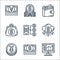 money and currency line icons. linear set. quality vector line set such as monitor, dollar bills, chinese yuan, digital currency,