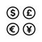 Money currency sign. Dollar, Pound, Euro, Yuan icon vector