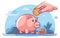 Money deposit piggy bank. Hand saving gold coin in piggybank cartoon vector illustration, business finance economy