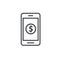 Money dollar coin on mobile phone vector icon, line outline smartphone with cash symbol, concept of money transfer via