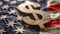 money dollar sign on full american usa flag symbolizing the economic strength