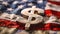 money dollar sign on full american usa flag symbolizing the economic strength